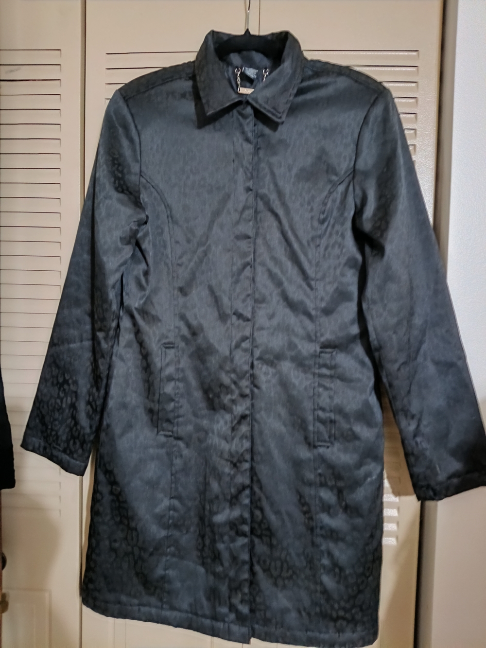 Guess Black Long Trench Coat with Subtle Cheetah Pattern